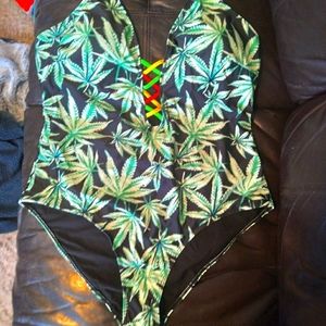 Plus Leaf Print Plunging One Piece Swimsuit